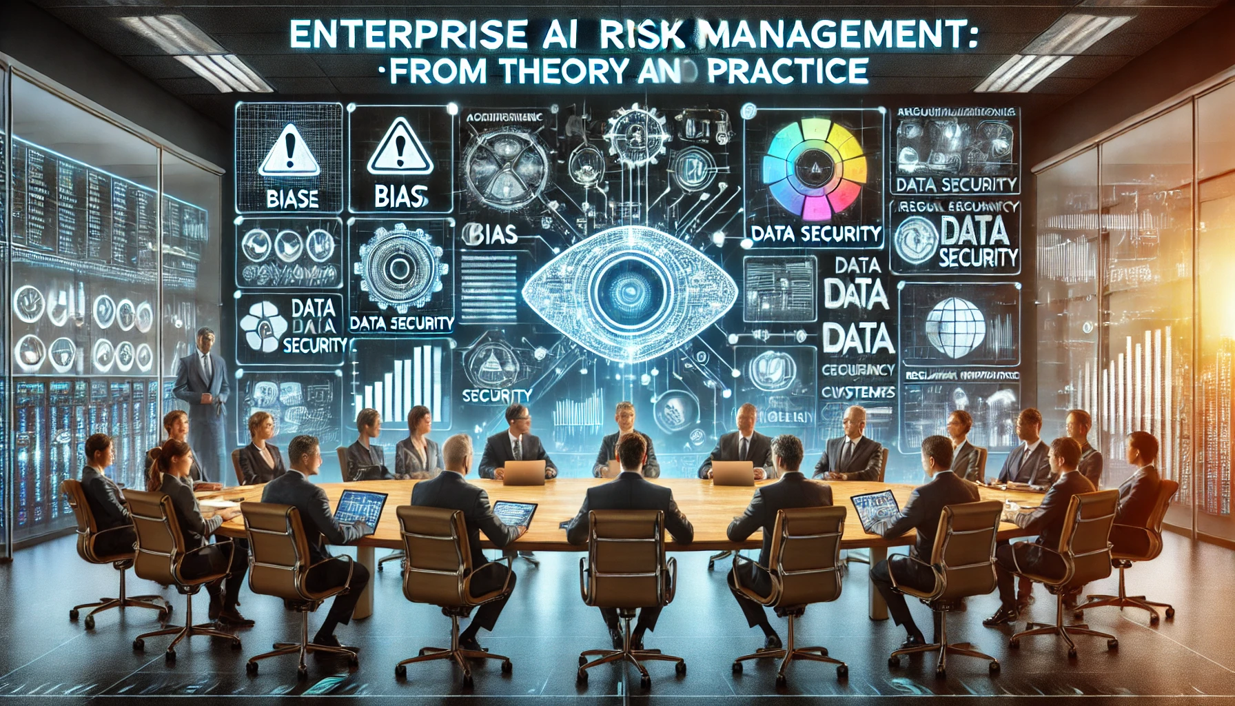 A modern corporate boardroom where executives and AI specialists are engaged in discussions about AI risk management. A large digital holographic display showcases key AI risk factors such as bias, data security, regulatory compliance, and ethical concerns. On one side, theoretical frameworks are represented by books and academic reports, while on the other, practical implementation is depicted with automated monitoring tools and risk mitigation strategies. The environment blends futuristic AI interfaces with traditional business elements, emphasising the transition from theory to practice in enterprise AI risk management.